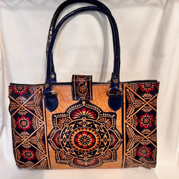 Shantiniketan Leather Indian Shoulder/Tote-Exclusive Batik Design Ethnic-Tan/Blu - Picture 1 of 16